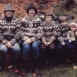 Jonathon Yardley and family each sporting a hand made wool sweater. Lotus created the wool yarn and Gwen knit the sweaters. According to Lotus, they knit about 25 a year for 25 years.
