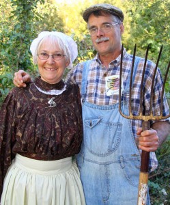 Harry and Debbie Burton of Apple Luscious Organic Orchard and the organizers of the Salt Spring island Apple Festival. They are dressed in period costume, during Apple Festival 2009, which celebrated HERITAGE APPLES. Photo by Jan Mangan
