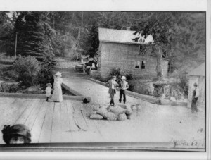 This is the Beaver Point wharf, built by Henry Ruckle in 1887 and Patterson store in what is now Ruckle Park. Virtually all apples leaving Salt Spring left by boat from these type of wharves. The arrival of a boat was a very important and busy time at these wharfs. This wharf was demolished in the 1950's due to inactivity and the wharf in Ganges took over as the commercial centre of commerce.