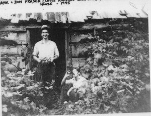 Frank and Don Fraser (Lotus Ruckle's brothers) at the Menhinick cider house in 1945. Cory Menhinick came to Salt Spring Island in 1920 purchasing a large parcel of land near the Beaver Point Hall, comprising what is not Wave Hill Farm. Lots of farmers made cider on Salt Spring, but none made it as clear and sparkling as Cory did. His favourite apples, the Gravensteins were fermented with barley sugar to create a cider that has been called, “the best champagne.’ Cider sold for 75cents a gallon and that was the main farm income in the1920’s, helping to put food on the table. In the 1930’s, cider parties were popular on Salt Spring. Lotus Ruckle spent here teenage years on the farm, as Cory was her step father.
