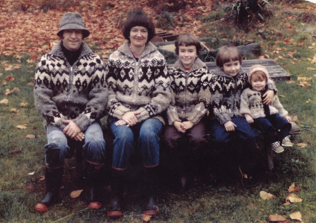 Jonathon and Sue Yardley with family, modelling the Ruckle sweathers of Lotus and Gwen Ruckle